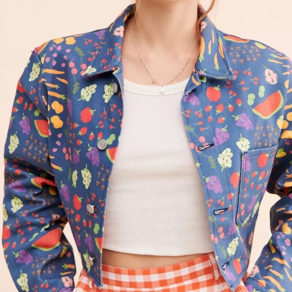 Lisa Says Gah Jackets & Blazers - Lisa Says Gah Blue Fruit Print Jacket